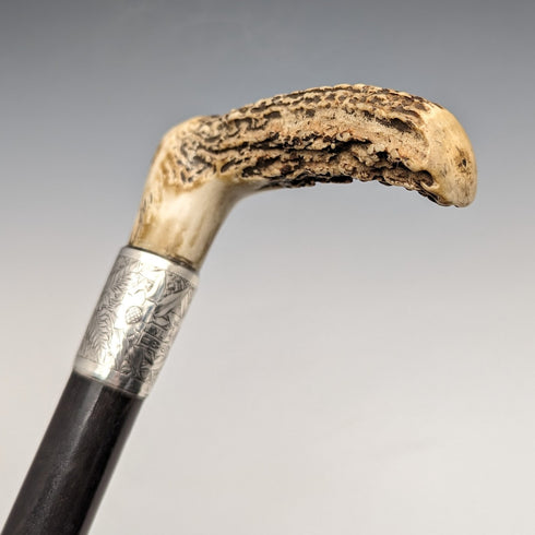 1890 British Antique Men's Cane L-shaped Antler Handle Sterling Silver Decoration Black Shaft 91cm